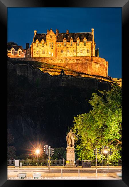 Edinburgh Castle at Night. Framed Print by Philip Leonard