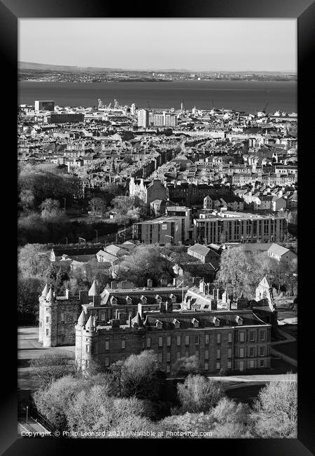 Holyrood Palace in Edinburgh Scotland with the city & Firth of Forth behind. Framed Print by Philip Leonard