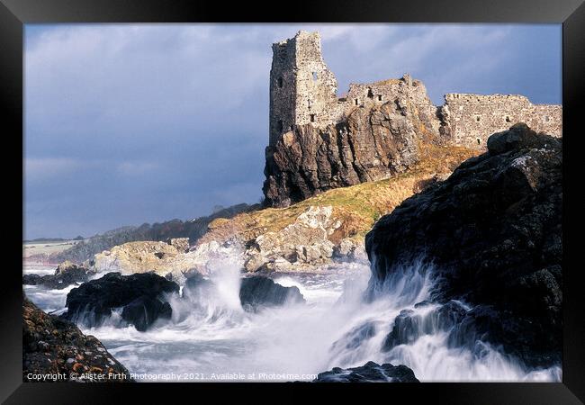 Stormy winter seas break against the rocky shore at Dunure Castle Framed Print by Alister Firth Photography