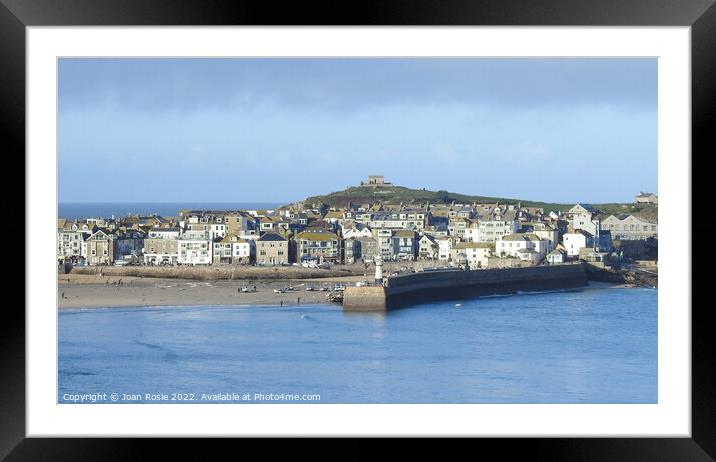 View of houses, buildings and lighthouse in St Ives, Cornwall Framed Mounted Print by Joan Rosie