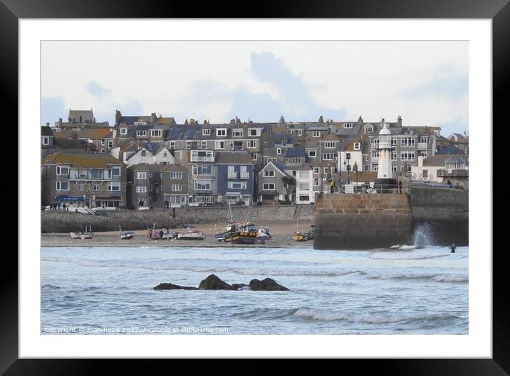 Close-up view of buildings and lighthouse in St Ives, Cornwall Framed Mounted Print by Joan Rosie
