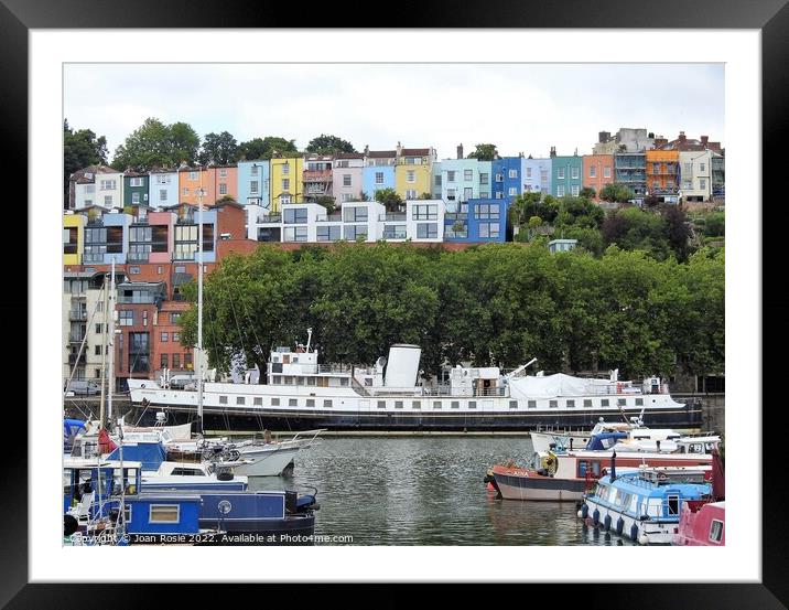 MV Balmoral moored below rows of coloured houses in the floating harbour, Bristol Framed Mounted Print by Joan Rosie