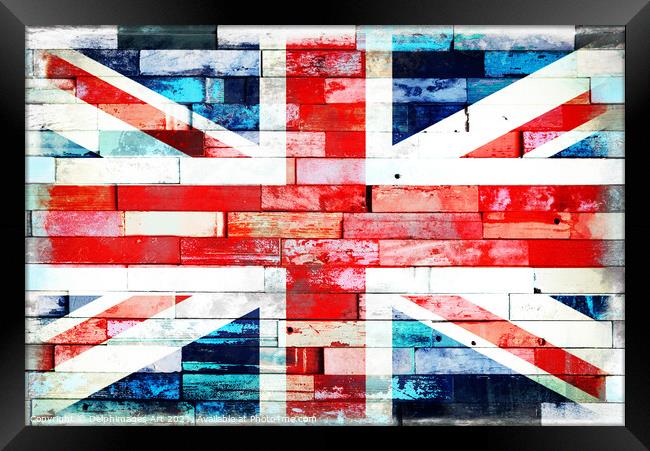 Union Jack, UK flag on wood planks background Framed Print by Delphimages Art