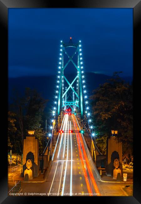 Vancouver, Canada. Lions Gate bridge at night Framed Print by Delphimages Art