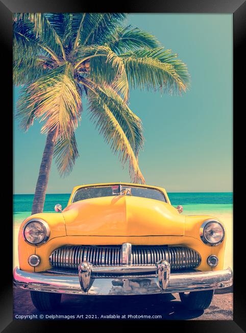 Classic car on a tropical beach with palm tree Framed Print by Delphimages Art