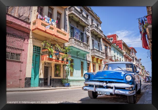 Havana, Cuba. Vintage blue classic car Framed Print by Delphimages Art