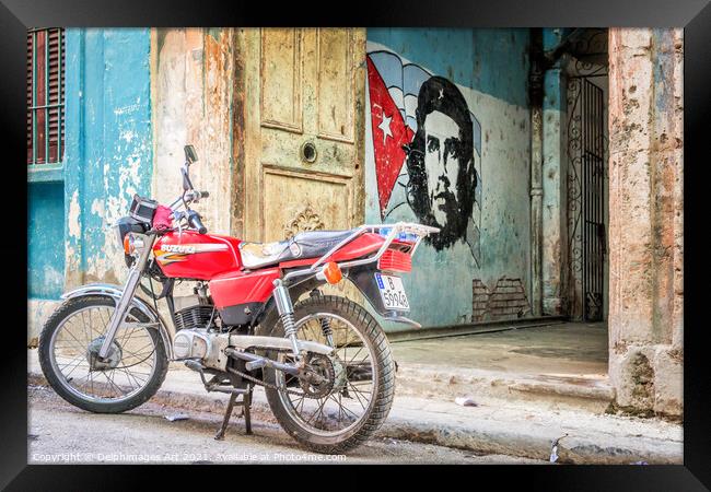 Che Guevara stencil and motorbike in Havana Cuba Framed Print by Delphimages Art