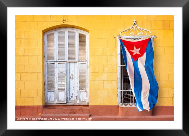 Cuban flag in in a street of Trinidad, Cuba Framed Mounted Print by Delphimages Art