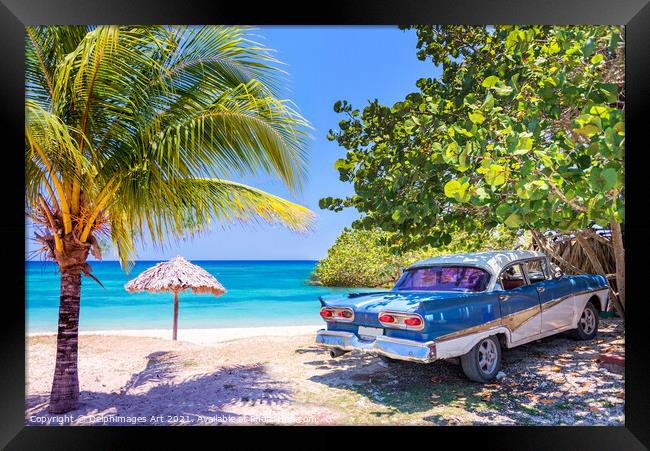 Cuba. Vintage classic car on a beach Framed Print by Delphimages Art