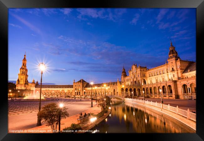Plaza de Espana at night, Seville, Andalusia Framed Print by Delphimages Art