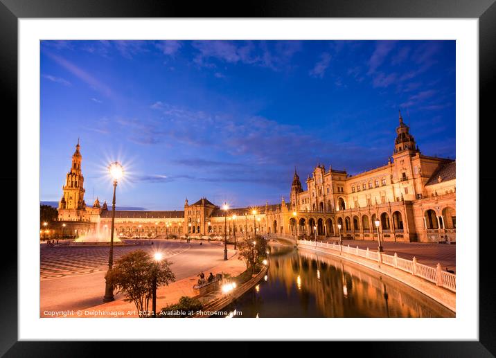 Plaza de Espana at night, Seville, Andalusia Framed Mounted Print by Delphimages Art