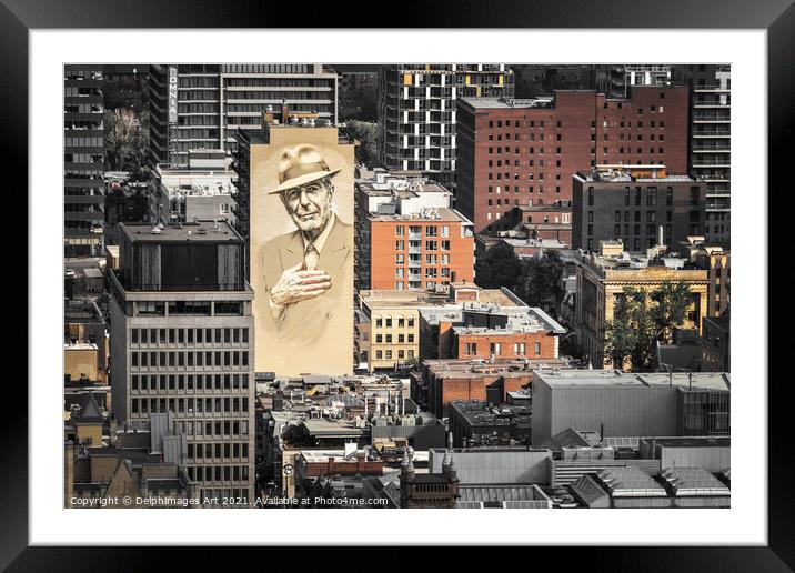 Montreal cityscape, Leonard Cohen painted mural Framed Mounted Print by Delphimages Art