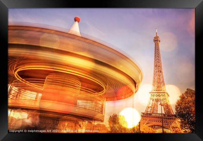 Eiffel tower, Paris and romantic vintage carousel Framed Print by Delphimages Art