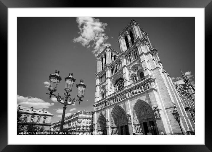 Notre Dame de Paris, black and white Framed Mounted Print by Delphimages Art