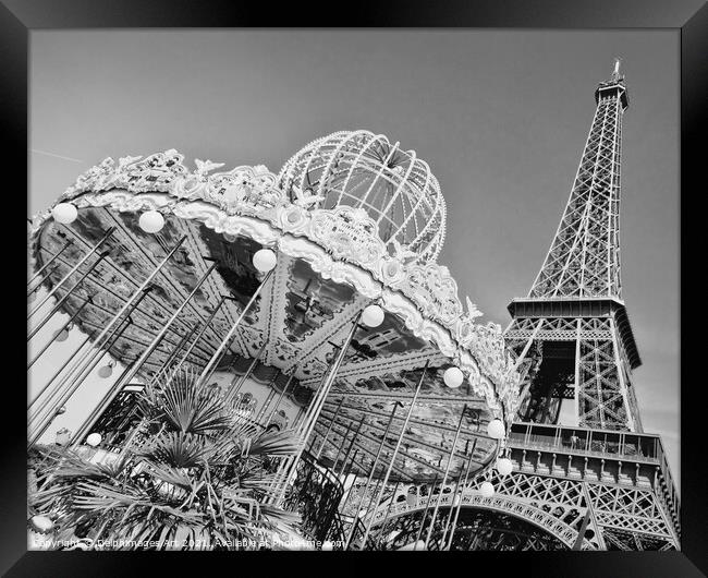 Paris. Eiffel tower and carousel, black and white Framed Print by Delphimages Art