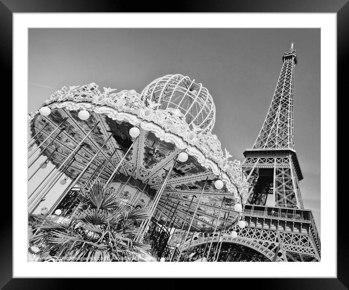 Paris. Eiffel tower and carousel, black and white Framed Mounted Print by Delphimages Art