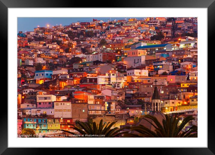 Colourful houses at night in Valparaiso, Chile Framed Mounted Print by Delphimages Art