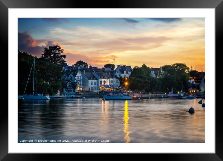 Scenic port at night in Finistere Brittany, France Framed Mounted Print by Delphimages Art