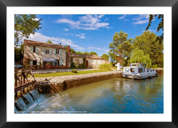Canal du Midi France. Tourism boat at a lock Framed Mounted Print by Delphimages Art