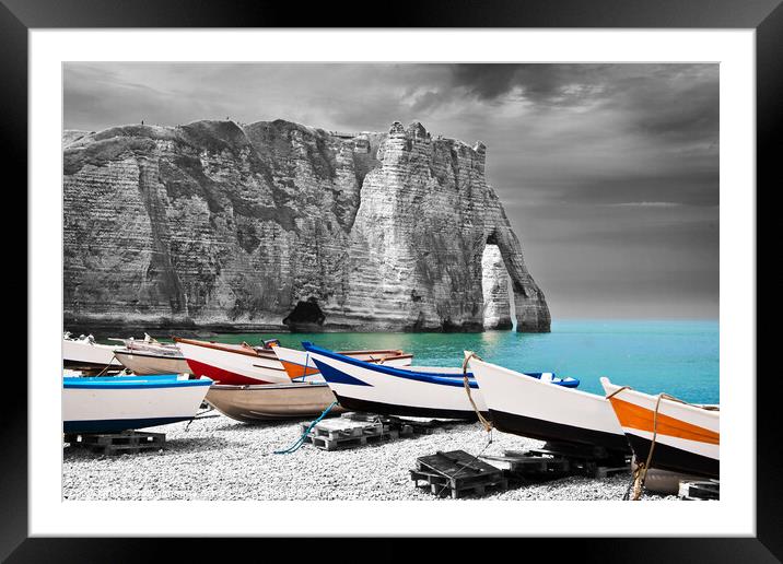 Fishing boats on the beach of Etretat, France Framed Mounted Print by Delphimages Art