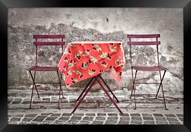 Romantic chairs and table in France Framed Print by Delphimages Art