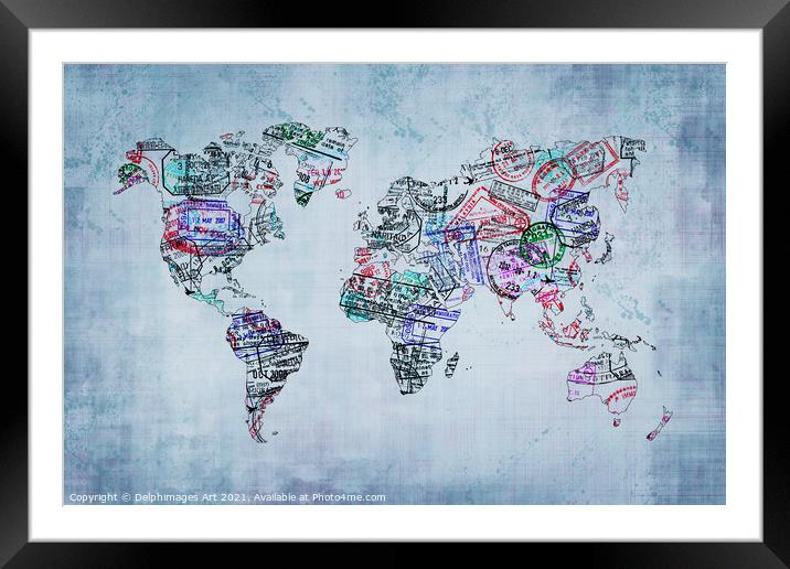 World map with passport stamps, travel abstract Framed Mounted Print by Delphimages Art