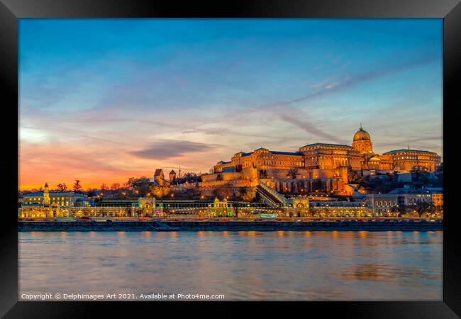 Budapest castle, Danube river at sunset Hungary Framed Print by Delphimages Art