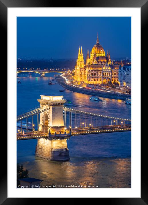 Budapest, Chain bridge over Danube river at night Framed Mounted Print by Delphimages Art