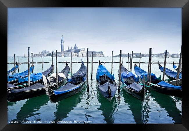 Venice. Gondolas and San Giorgio Maggiore, Italy Framed Print by Delphimages Art