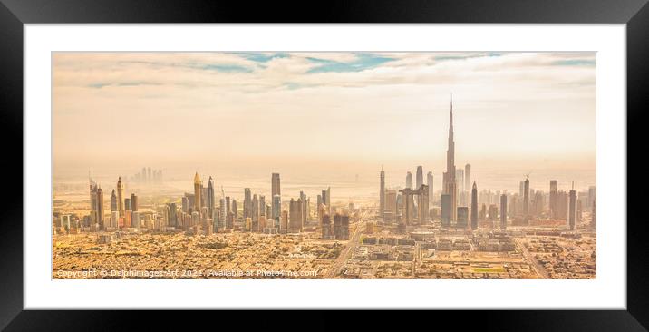 Dubai skyline panorama, aerial view at sunset Framed Mounted Print by Delphimages Art