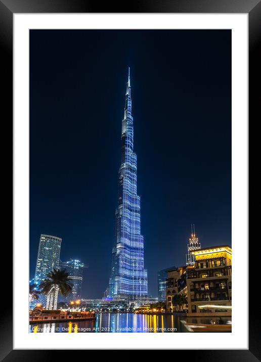 Dubai. Burj Khalifa tower at night, UAE Framed Mounted Print by Delphimages Art