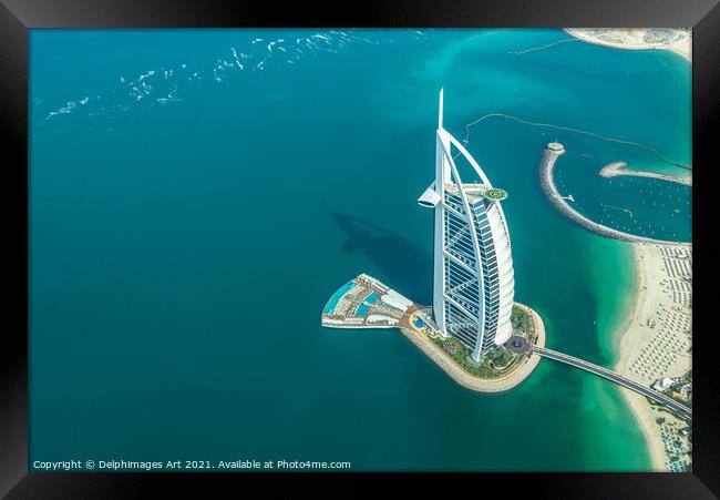 Dubai. Burj al Arab hotel aerial view, UAE Framed Print by Delphimages Art