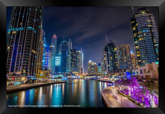 Dubai marina walk at night,  United Arab Emirates Framed Print by Delphimages Art