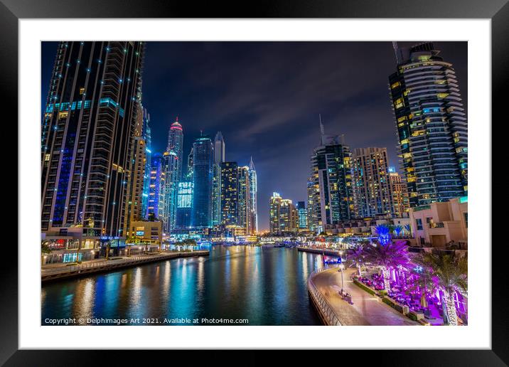 Dubai marina walk at night,  United Arab Emirates Framed Mounted Print by Delphimages Art