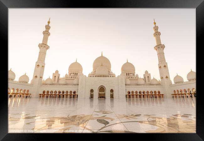 Grand mosque in Abu Dhabi near Dubai at sunset, UA Framed Print by Delphimages Art