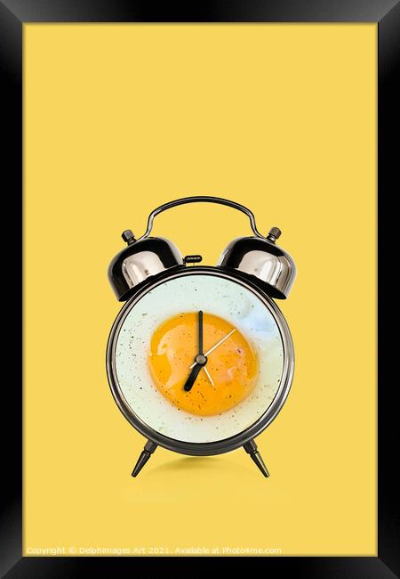 Breakfast time, fried egg and vintage alarm clock  Framed Print by Delphimages Art