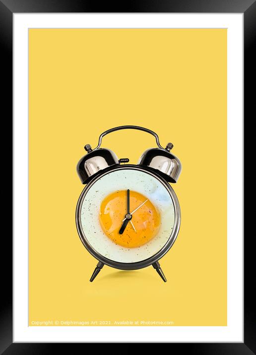 Breakfast time, fried egg and vintage alarm clock  Framed Mounted Print by Delphimages Art