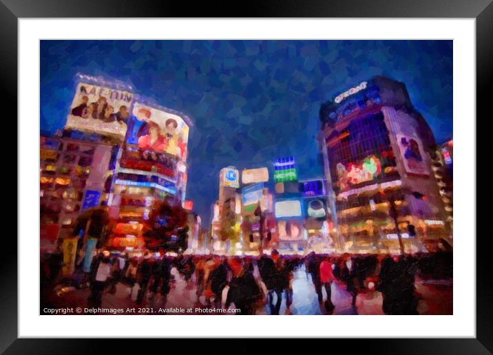 Japan. Shibuya crossing in Tokyo at night Framed Mounted Print by Delphimages Art