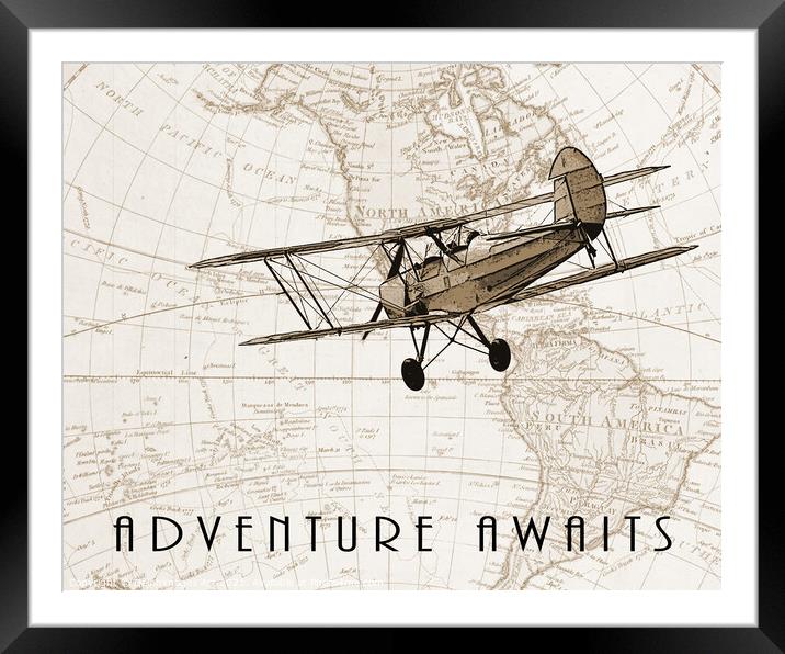 Adventure awaits,  old plane and vintage map Framed Mounted Print by Delphimages Art