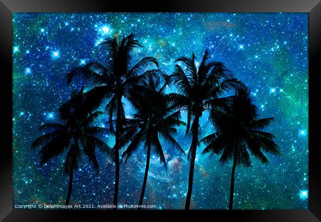 Palm trees silhouettes, tropical starry night sky Framed Print by Delphimages Art