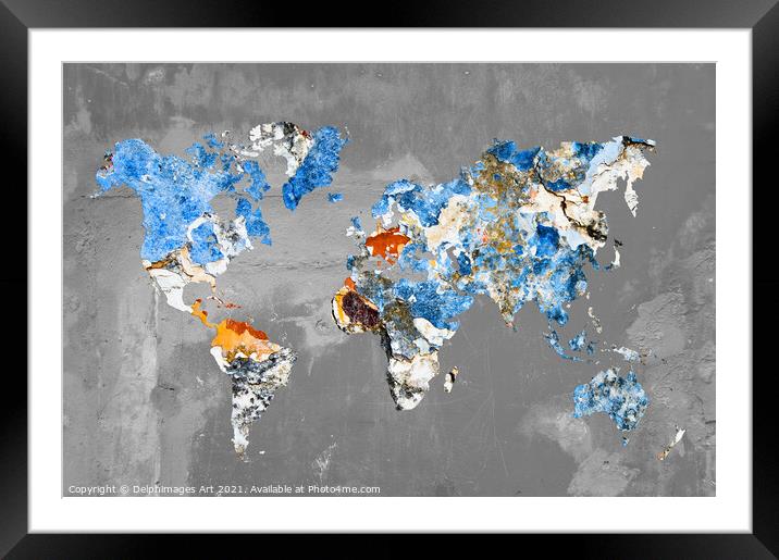 Blue abstract modern world map Framed Mounted Print by Delphimages Art
