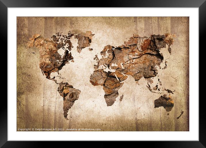Modern abstract wood world map Framed Mounted Print by Delphimages Art
