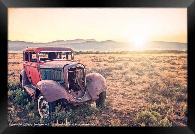 Disused rusty old vintage car in Montana, USA Framed Print by Delphimages Art