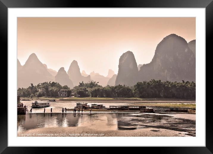 China. Landscape of Li river at sunset near Guilin Framed Mounted Print by Delphimages Art