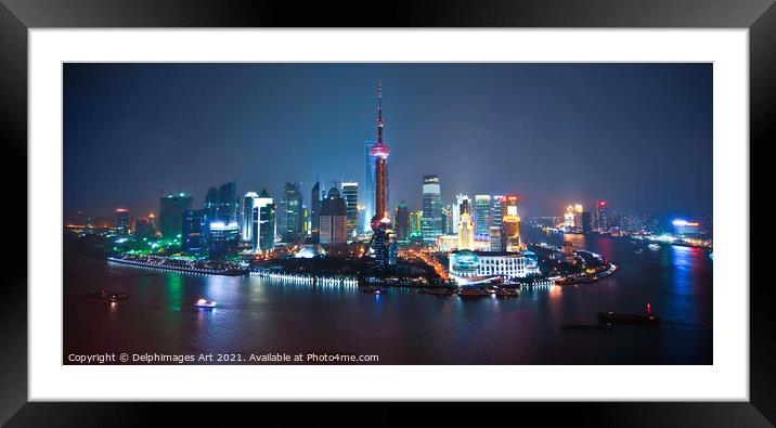 Shanghai, China. Skyline panoramic view at night Framed Mounted Print by Delphimages Art