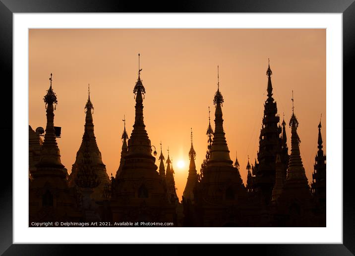 Myanmar. Shwedagon pagoda at sunset, Yangon Framed Mounted Print by Delphimages Art