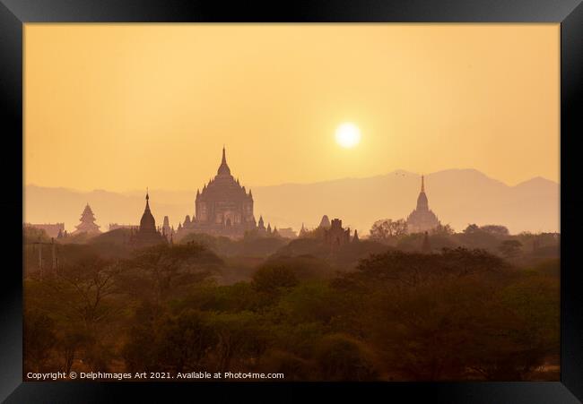 Myanmar landscape. Sunset in Bagan, Burma Framed Print by Delphimages Art