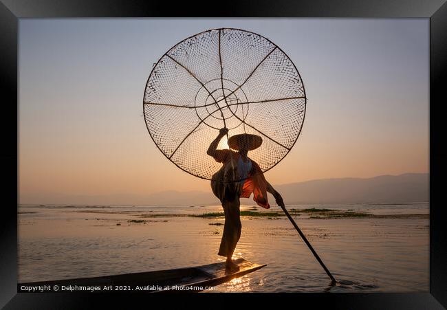 Myanmar. Fisherman at sunset on Inle lake, Burma Framed Print by Delphimages Art