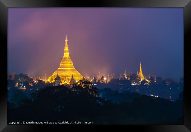 Myanmar. Shwedagon pagoda at night, Yangon Framed Print by Delphimages Art