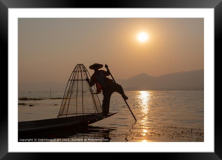 Myanmar. Fisherman on Inle lake at sunset, Burma Framed Mounted Print by Delphimages Art